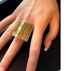 Vintage MCM Modernist Brutalist Ice Cube Statement Ring Two Tone Sz 8.5